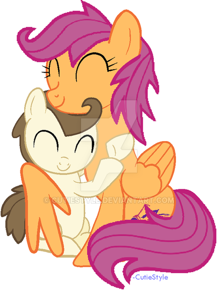 Size: 600x798 | Tagged: artist:cutiestyle, cute, derpibooru import, female, hug, love, male, older, pound cake, safe, scootaloo, scootapound, shipping, simple background, straight, watermark, white background