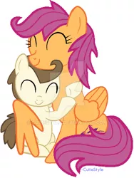 Size: 600x798 | Tagged: artist:cutiestyle, cute, derpibooru import, female, hug, love, male, older, pound cake, safe, scootaloo, scootapound, shipping, simple background, straight, watermark, white background