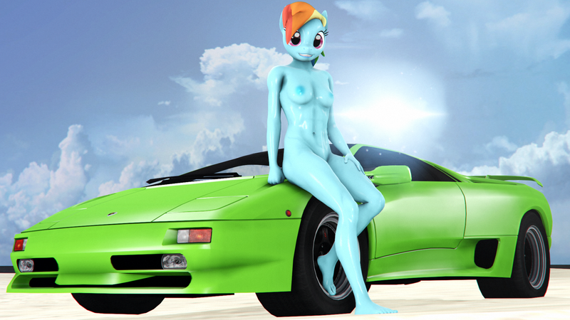 Size: 1920x1080 | Tagged: 3d, abs, anthro, artist:dashie116, art pack:full throttle, barefoot, beach, belly button, breasts, car, derpibooru import, feet, female, lamborghini, lamborghini diablo, looking at you, nipples, nudity, plantigrade anthro, questionable, rainbow dash, smiling, solo, solo female, source filmmaker, sun
