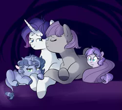 Size: 1231x1109 | Tagged: artist:soft-arthropod, cute, derpibooru import, dracony, family, female, group, half-siblings, hybrid, interspecies offspring, kissing, kiss on the cheek, lesbian, magical lesbian spawn, maud pie, movie night, oc, offspring, parent:rarity, parent:spike, parents:rarimaud, parents:sparity, rarimaud, rarity, safe, shipping, simple background