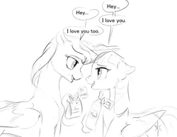 Size: 1280x989 | Tagged: safe, artist:silfoe, derpibooru import, princess luna, twilight sparkle, twilight sparkle (alicorn), alicorn, pony, other royal book, apology, black and white, coffee, cute, dialogue, female, grayscale, heartwarming, horns are touching, lesbian, looking at each other, lunabetes, mead, monochrome, open mouth, shipping, silfoe is trying to murder us, simple background, smiling, speech bubble, twiabetes, twiluna, white background