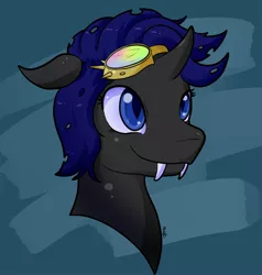 Size: 850x891 | Tagged: artist:moonsango, blue changeling, bust, changeling, changeling oc, cute, derpibooru import, fangs, female, floppy ears, goggles, oc, oc:pascal, portrait, safe, smiling, solo, unofficial characters only