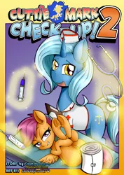 Size: 1860x2622 | Tagged: artist:anibaruthecat, bandage, comic, comic:cutiemark check-up 2, cover art, derpibooru import, doctor, looking at you, needle, nurse, oc, oc:cobalt, scootaloo, stethoscope, strategically covered, suggestive, syringe, thermometer, underhoof