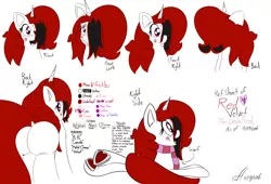 Size: 2200x1500 | Tagged: safe, artist:xwoofyhoundx, derpibooru import, oc, oc:red velvet, unofficial characters only, pony, unicorn, acne, clothes, hair over one eye, plot, reference sheet, scarf, solo, the ass was fat, underhoof