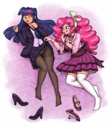 Size: 1280x1457 | Tagged: suggestive, artist:king-kakapo, derpibooru import, pinkie pie, twilight sparkle, human, adorasexy, assisted exposure, blushing, clothes, cute, diapinkes, feet, female, high heels, humanized, lesbian, mary janes, nail polish, panties, pantyhose, peeking, ribbon, sexy, shipping, shoes, skirt, skirt lift, stockings, twiabetes, twinkie, underwear, white underwear, zettai ryouiki