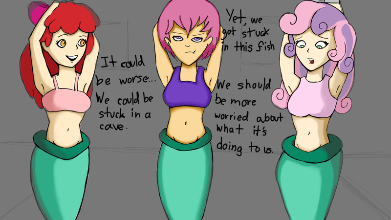 Size: 1920x1080 | Tagged: apple bloom, armpits, artist:anonymous, belly button, bondage, breasts, cutie mark crusaders, derpibooru import, female, fish, human, humanized, maiden fish, mermaid, mermaidized, midriff, older, safe, scootaloo, shantae, shantae: half-genie hero, sweetie belle