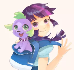 Size: 2003x1893 | Tagged: safe, artist:aoin, derpibooru import, spike, twilight sparkle, dog, human, equestria girls, backpack, collar, cute, human coloration, humanized, light skin, looking at you, simple background, spikabetes, spike the dog, twiabetes