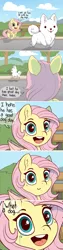 Size: 800x3155 | Tagged: safe, artist:evehly, derpibooru import, fluttershy, dog, pegasus, pony, shiba inu, :3, :p, adorable face, bench, bush, chibi, cloud, comic, context is for the weak, crying, cute, dialogue, doge, doggo, duo, ear fluff, female, fluffy, mare, meme, open mouth, ponified meme, shibe, shyabetes, smiling, tears of joy, that pony sure does love animals, tongue out, tree, wat, watching, wide eyes