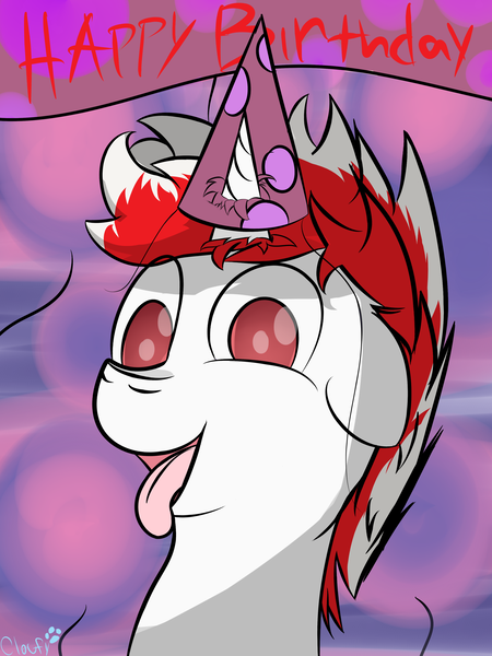 Size: 3000x4000 | Tagged: safe, artist:cloufy, derpibooru import, oc, oc:shadow starfang, unofficial characters only, pony, unicorn, birthday, happy birthday, hat, party hat, solo, tongue out