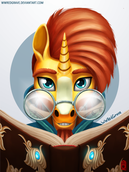 Size: 1080x1440 | Tagged: anthro, artist:wwredgrave, book, bust, derpibooru import, glasses, magic, portrait, safe, solo, sunburst, uncanny valley, wizard