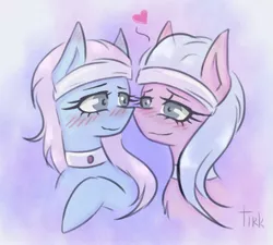 Size: 1140x1027 | Tagged: safe, artist:taleriko, derpibooru import, aloe, lotus blossom, earth pony, pony, blushing, collar, cute, female, heart, incest, lesbian, rcf community, shipping, simple background, spa twins, spacest, twincest, twins