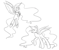 Size: 1024x878 | Tagged: angry, artist:despotshy, black and white, derpibooru import, flying, grayscale, looking at each other, looking down, looking up, monochrome, nightmare moon, princess celestia, raised hoof, safe, simple background, sketch, spread wings, white background
