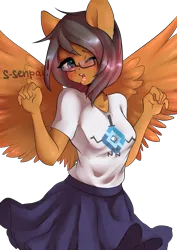 Size: 2507x3541 | Tagged: anthro, artist:yukomaussi, bill cipher, blushing, clothes, cute, derpibooru import, glasses, human, humanized, oc, ocbetes, roskomnadzor, safe, senpai, simple background, skirt, skirt lift, solo, transparent background, unofficial characters only, winged humanization