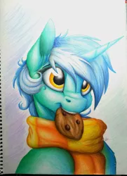 Size: 1904x2626 | Tagged: safe, artist:lupiarts, derpibooru import, lyra heartstrings, pony, unicorn, bust, clothes, cookie, cute, food, mouth hold, portrait, scarf, smiling, solo, traditional art