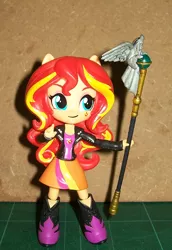 Size: 584x850 | Tagged: safe, derpibooru import, sunset shimmer, equestria girls, boots, clothes, doll, equestria girls minis, eqventures of the minis, jacket, leather jacket, magic staff, skirt, solo, toy