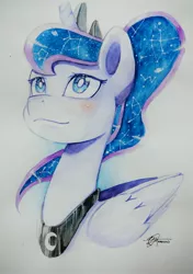 Size: 2554x3623 | Tagged: safe, artist:acrylic-stroke, derpibooru import, princess luna, alternate hairstyle, bust, constellation, galaxy mane, ponytail, solo, traditional art, watercolor painting