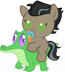 Size: 841x927 | Tagged: safe, artist:red4567, derpibooru import, doctor caballeron, gummy, alligator, earth pony, pony, baby, baby pony, colt, cute, cutealleron, duo, duo male, foal, male, pacifier, ponies riding gators, riding