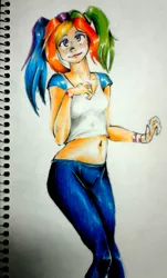 Size: 1500x2481 | Tagged: artist:nolyanimeid, belly button, clothes, derpibooru import, human, humanized, midriff, pants, pigtails, rainbow dash, safe, shirt, short shirt, simple background, solo, traditional art, t-shirt, twintails