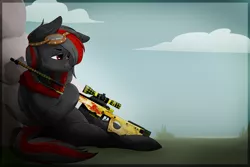 Size: 1800x1200 | Tagged: artist needed, safe, derpibooru import, oc, oc:phoenix genevieve, unofficial characters only, pegasus, pony, awp, counter-strike, counter-strike: global offensive, dragon lore, gun, hooves, male, optical sight, red and black oc, rifle, sitting, sniper, sniper rifle, solo, stallion, weapon, wings