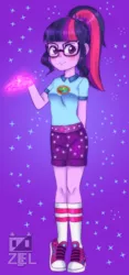 Size: 600x1281 | Tagged: safe, artist:ponyprincessgirl100, derpibooru import, sci-twi, twilight sparkle, equestria girls, legend of everfree, blushing, clothes, converse, magic, shoes, sneakers, solo, stars