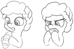 Size: 1248x830 | Tagged: safe, artist:zippysqrl, derpibooru import, oc, oc:bread, unofficial characters only, earth pony, pony, bread, bust, cross-eyed, eating, food, grayscale, monochrome, nose wrinkle, open mouth, simple background, sketch, smiling, solo, white background