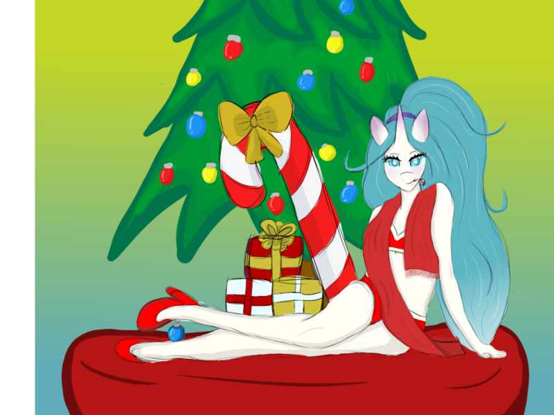 Size: 1024x768 | Tagged: suggestive, artist:lordswinton, derpibooru import, oc, oc:phrostbite, unofficial characters only, anthro, plantigrade anthro, candy, candy cane, christmas, christmas tree, clothes, female, food, present, scarf, solo, solo female, tree