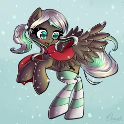 Size: 1000x1000 | Tagged: safe, artist:chaosangeldesu, derpibooru import, oc, oc:lynn, unofficial characters only, pegasus, pony, clothes, flying, open mouth, scarf, snow, snowfall, socks, solo, striped socks