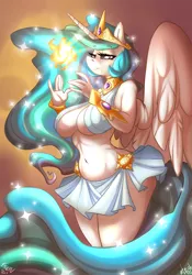 Size: 1050x1500 | Tagged: suggestive, artist:atryl, artist:falleninthedark, derpibooru import, princess celestia, alicorn, anthro, absolute cleavage, adorasexy, belly button, big breasts, breasts, busty princess celestia, choker, cleavage, clothes, collaboration, crown, cute, cutelestia, female, fire, image, jewelry, lidded eyes, magic, midriff, miniskirt, png, praise the sun, regalia, sexy, side slit, sideass, skirt, skirt lift, smiling, solo, solo female, sparkles, spread wings, stupid sexy celestia, thighs, underboob