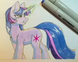 Size: 1280x1019 | Tagged: angry, artist:fensu-san, derpibooru import, fluffy, frown, glare, glowing eyes, glowing horn, gritted teeth, looking back, magic, nose wrinkle, safe, solo, traditional art, twilight sparkle