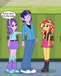 Size: 1902x2362 | Tagged: dead source, safe, artist:drewmwhit, derpibooru import, starlight glimmer, sunset shimmer, twilight sparkle, equestria girls, alternate costumes, blushing, boots, canterlot high, clothes, counterparts, dialogue, dusk shine, duskshimmer, equestria girls-ified, equestria guys, half r63 shipping, hallway, high heel boots, leather jacket, lip bite, lockers, male, pants, prince dusk, rule 63, shipping, shoes, skirt, sneakers, sparkles, speech bubble, straight, sunsetsparkle, twilight's counterparts