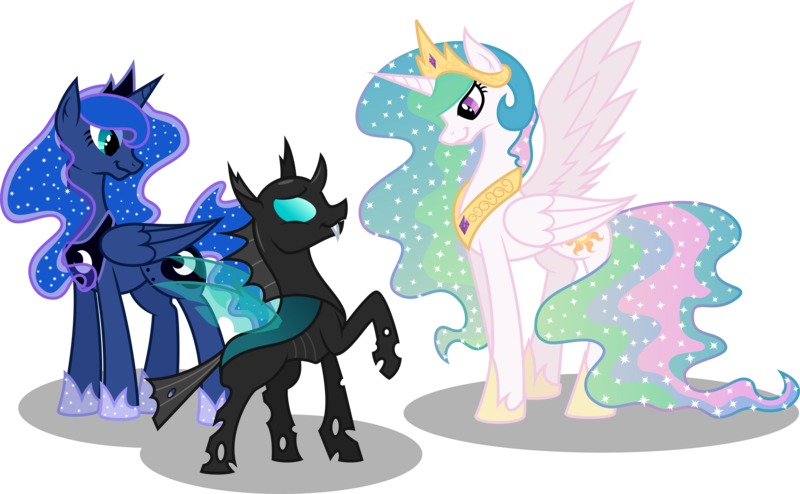 Size: 9716x6000 | Tagged: absurd resolution, artist:mactavish1996, artist:rossmaniteanzu, changeling, derpibooru import, male, princess celestia, princess luna, royal sisters, safe, shipping, simple background, straight, thoralestia, thorax, transparent background, trio, vector