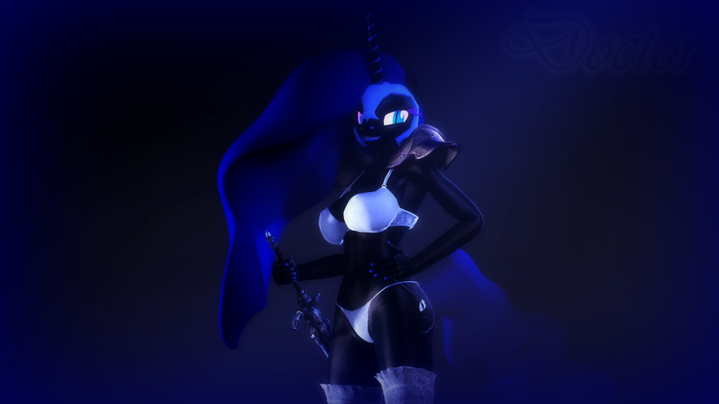 Size: 3840x2160 | Tagged: 3d, anthro, artist:doctorthei, bra, breasts, clothes, derpibooru import, female, grin, looking at you, nail polish, oc, oc:midnight moon, smiling, solo, solo female, source filmmaker, stockings, suggestive, sword, underwear, unofficial characters only, weapon, wingless, wingless anthro