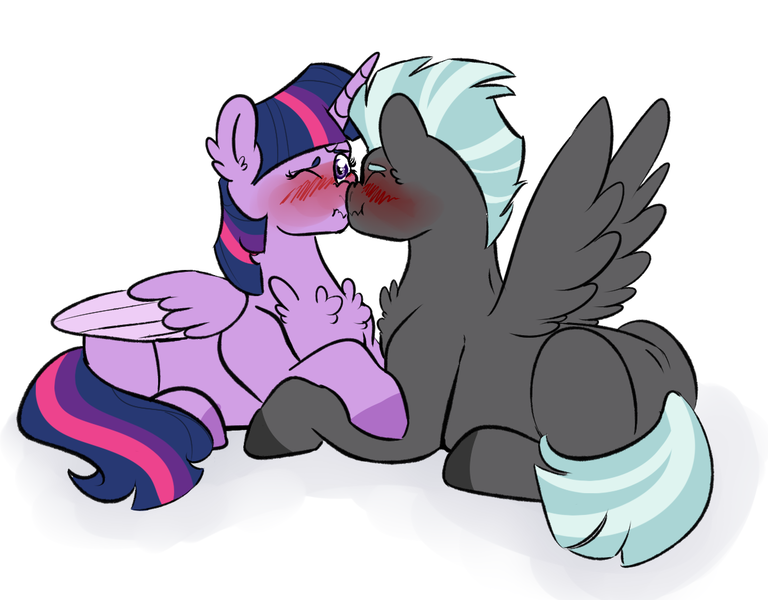 Size: 1200x938 | Tagged: safe, artist:soft-arthropod, derpibooru import, thunderlane, twilight sparkle, twilight sparkle (alicorn), alicorn, pony, blushing, chest fluff, kissing, male, nuzzling, prone, shipping, simple background, spread wings, straight, twilane, wavy mouth