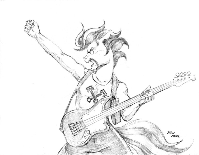 Size: 1400x1091 | Tagged: safe, artist:baron engel, derpibooru import, oc, unofficial characters only, anthro, earth pony, anthro oc, grayscale, guitar, monochrome, pencil drawing, simple background, sketch, solo, traditional art, white background