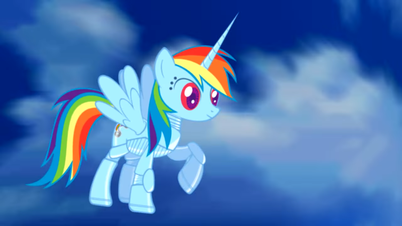 Size: 1366x768 | Tagged: safe, artist:zxinsanity, derpibooru import, rainbow dash, alicorn, pony, robot, robot pony, alicornified, alternate universe, equestria girls: the parody series, flying, race swap, rainbowcorn, raised hoof, roboticization, solo