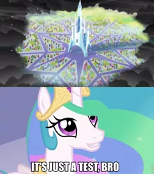 Size: 853x960 | Tagged: bullshit, cloud, crystal empire, derpibooru import, edit, edited screencap, grin, image macro, insane troll logic, it's just a prank bro, meme, op is on drugs, princess celestia, safe, screencap, smiling, the crystal empire, trollestia