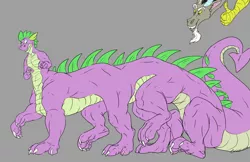 Size: 5100x3300 | Tagged: artist:carnizzoi, derpibooru import, discord, discord's corruption, dragon, multiple limbs, older spike, paws, safe, simple background, spike, surprised, taur, taur train, thumbs up, transformation, what has magic done