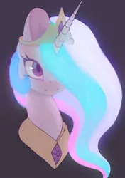 Size: 844x1200 | Tagged: safe, artist:lonelycross, derpibooru import, princess celestia, pony, bust, cute, cutelestia, female, glow, glowing mane, gray background, hair over one eye, mare, portrait, simple background, smiling, solo