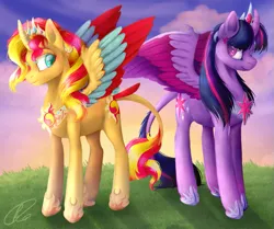 Size: 687x573 | Tagged: safe, artist:misstulcadhiel, derpibooru import, sunset shimmer, twilight sparkle, twilight sparkle (alicorn), alicorn, classical unicorn, pony, alicornified, jewelry, leonine tail, race swap, regalia, shimmercorn