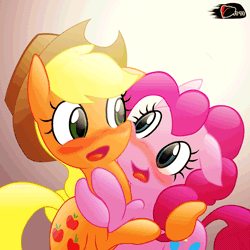 Size: 1000x1000 | Tagged: suggestive, artist:ggumbaramggun, derpibooru import, applejack, pinkie pie, animated, applepie, blushing, cuddling, female, gif, gradient background, lesbian, open mouth, shipping, snuggling, tongue out