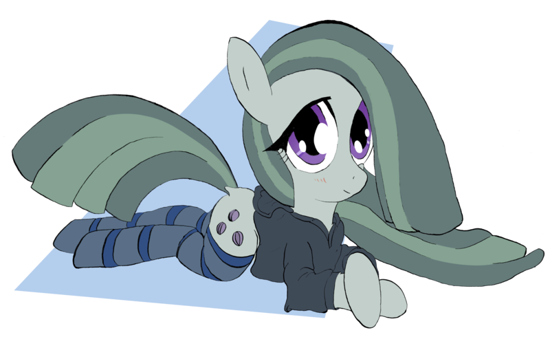 Size: 2022x1238 | Tagged: safe, artist:welkin-draws, derpibooru import, marble pie, earth pony, pony, anatomically incorrect, blushing, clothes, cute, dock, female, hoodie, incorrect leg anatomy, looking at you, marblebetes, mare, prone, simple background, smiling, socks, solo, striped socks, transparent background