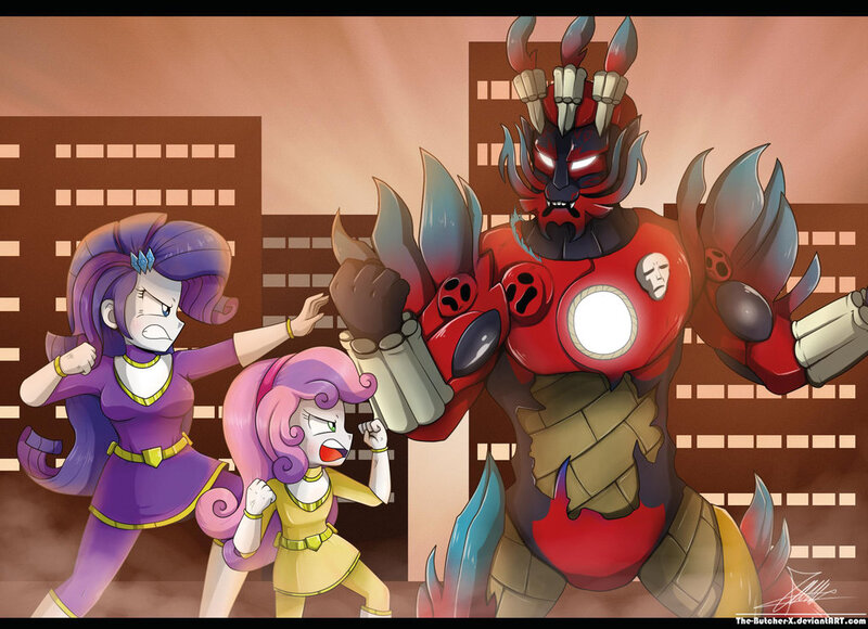 Size: 1024x742 | Tagged: safe, artist:the-butch-x, derpibooru import, rarity, sweetie belle, equestria girls, chouriki sentai ohranger, crossover, female, fight, giantess, macro, power rangers, power rangers dino charge, power rangers zeo, purple ranger, signature, singe, super sentai, yellow ranger