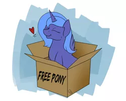 Size: 1000x800 | Tagged: safe, artist:everdale, derpibooru import, princess luna, pony, :t, box, cardboard box, cute, eyes closed, heart, pony in a box, s1 luna, simple background, sitting, smiling, solo, white background