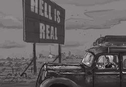 Size: 1183x819 | Tagged: artist:agm, automobile, buick roadmaster, car, church, clothes, derpibooru import, human, humanized, monochrome, safe, sign, solo, trixie, vest, wandering trixie