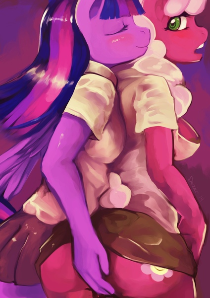 Size: 2480x3508 | Tagged: questionable, artist:dozer, derpibooru import, cheerilee, twilight sparkle, twilight sparkle (alicorn), alicorn, anthro, earth pony, art pack:lesson learned, ass, blushing, cheerilight, clothes, eyes closed, female, grope, lesbian, looking back, looking over shoulder, school uniform, shipping, skirt