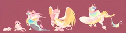 Size: 4688x1263 | Tagged: age progression, alternate hairstyle, artist:thiscrispykat, cewestia, classical unicorn, cloven hooves, colored wings, colored wingtips, cute, cutelestia, derpibooru import, filly, floppy ears, flying, gradient background, leonine tail, pink-mane celestia, ponytail, princess celestia, prone, raised hoof, safe, sitting, solo, spread wings, tail feathers, unshorn fetlocks, younger