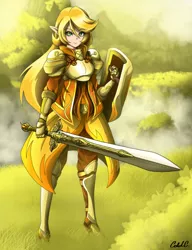 Size: 1530x1990 | Tagged: armor, artist:ciderpunk, derpibooru import, elf, elf ears, human, humanized, humanized oc, not applejack, oc, oc:applesunrise, safe, shield, solo, sword, unofficial characters only, weapon