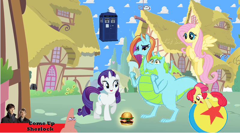 Size: 1277x711 | Tagged: source needed, useless source url, safe, artist:theunknowenone1, derpibooru import, apple bloom, fluttershy, rarity, sassy saddles, whoa nelly, dragon, ball, burger, devon and cornwall, doctor who, dragonified, easter, easter egg, food, hamburger, image, joke, luxo's ball, patrick star, pixar, png, quest for camelot, sassy nelly, sherlock, species swap, spongebob squarepants, tardis, toy story, two-headed dragon, wat