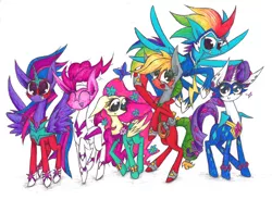 Size: 1024x754 | Tagged: safe, artist:sirchezee, artist:that-was-weird, derpibooru import, applejack, fili-second, fluttershy, masked matter-horn, mistress marevelous, pinkie pie, radiance, rainbow dash, rarity, saddle rager, twilight sparkle, twilight sparkle (alicorn), zapp, alicorn, pony, power ponies (episode), mane six, power ponies, simple background, spandex, superhero, white background