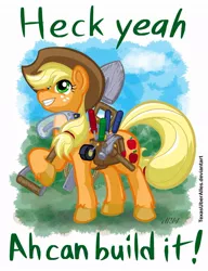 Size: 720x937 | Tagged: safe, artist:texasuberalles, derpibooru import, applejack, earth pony, pony, goggles, hammer, looking up, rope, saddle bag, saw, screwdriver, shears, shovel, smiling, solo, tape, unshorn fetlocks